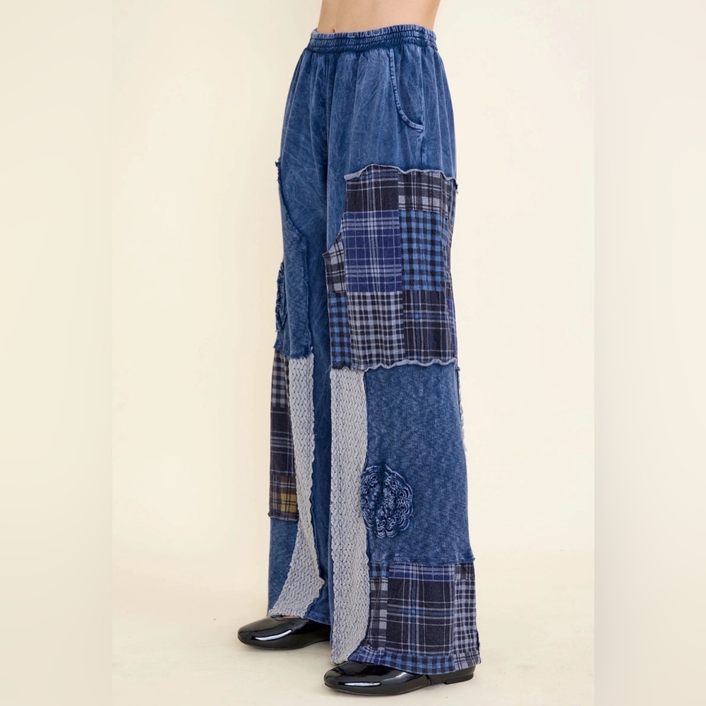 JB2 J.Her Boho Patchwork Mineral Washed Plaid Patched Doily Pant - Picture 2 of 4
